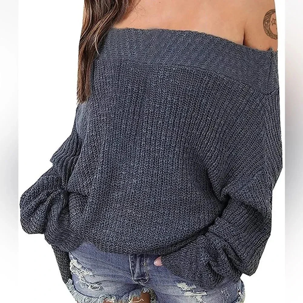 EXLURA BATWING OFF THE SHOULDER OVERSIZED PULL OVER KNIT SWEATER IN GREY O/S